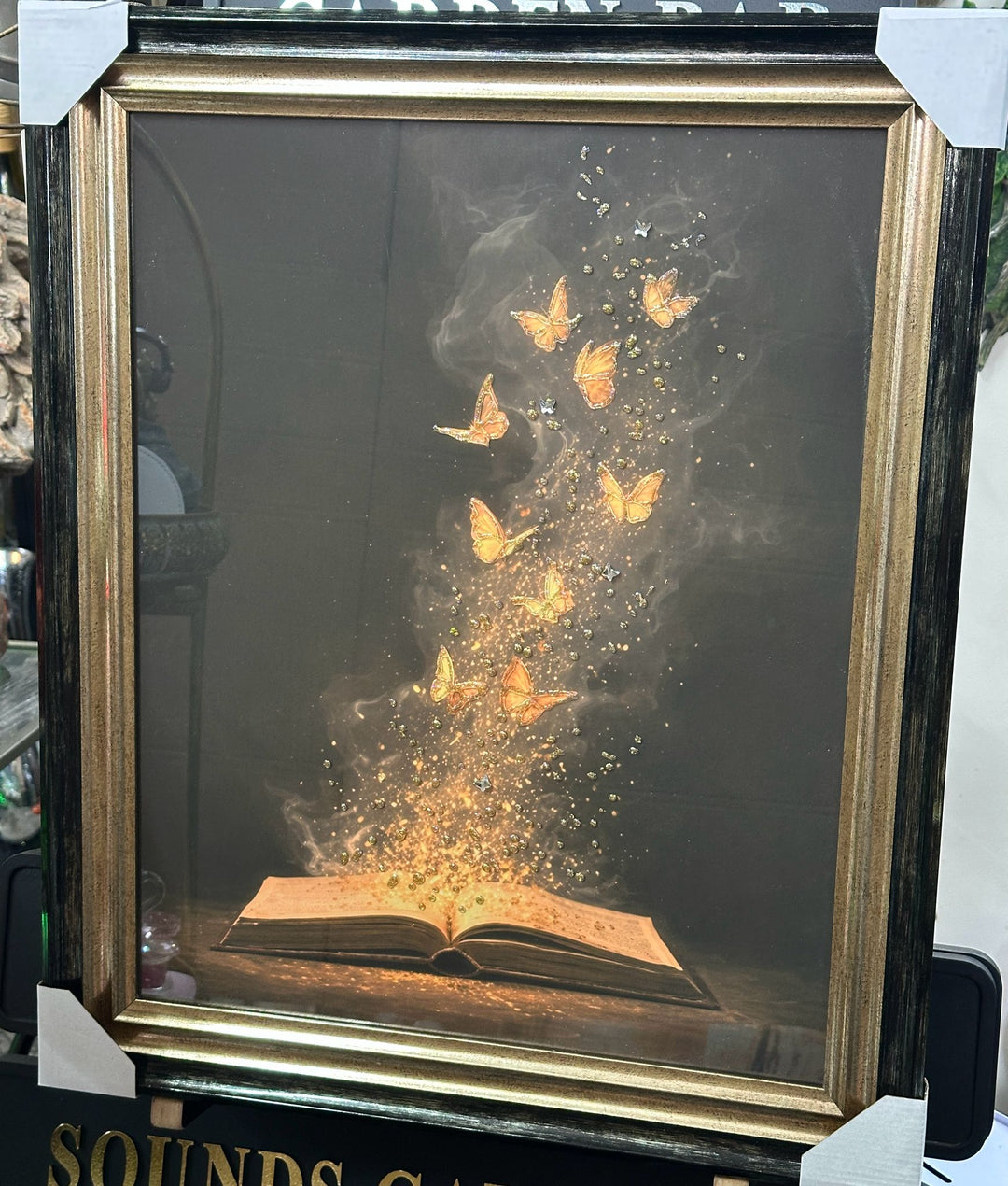Open Book Magic Butterflies Wall Art – Gold Liquid Art Resin Picture with Two Tone Black & Gold Frame Home Decor