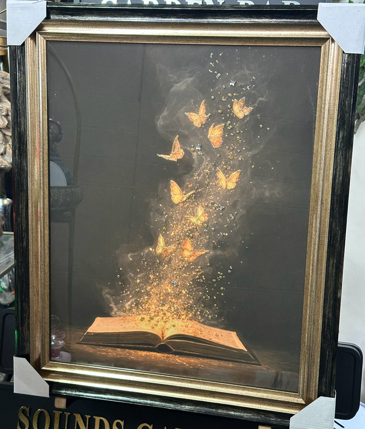 Open Book Magic Butterflies Wall Art – Gold Liquid Art Resin Picture with Two Tone Black & Gold Frame Home Decor