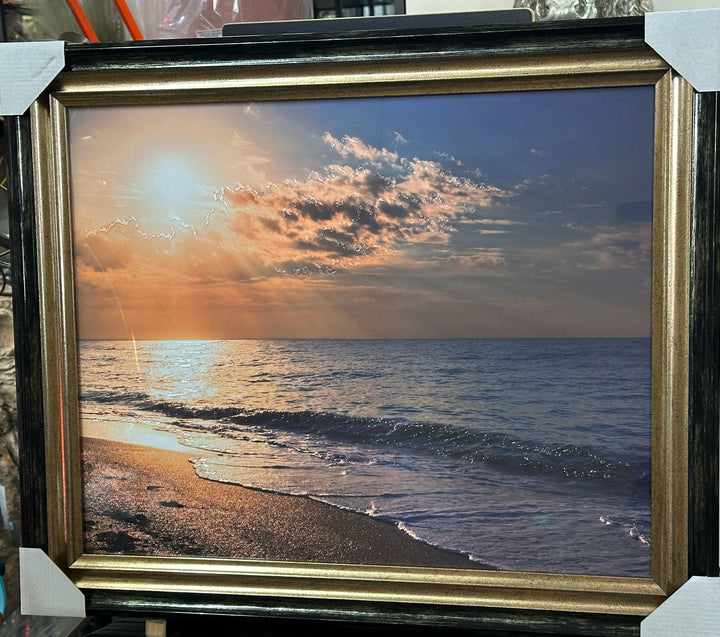 Stunning Beach Waves Sunset Wall Art – Luxury Liquid Art Resin Picture with Black & Gold Frame Home Decor