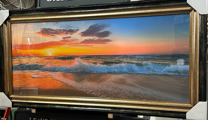 Stunning Beach Waves Sunset Wall Art – Luxury Liquid Art Resin Picture with Black & Gold Frame Home Decor