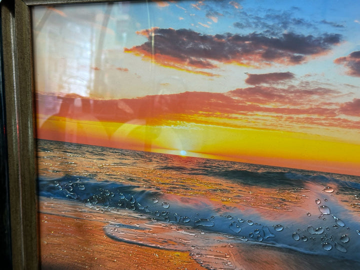 Stunning Beach Waves Sunset Wall Art – Luxury Liquid Art Resin Picture with Black & Gold Frame Home Decor