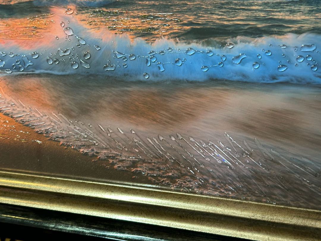 Stunning Beach Waves Sunset Wall Art – Luxury Liquid Art Resin Picture with Black & Gold Frame Home Decor