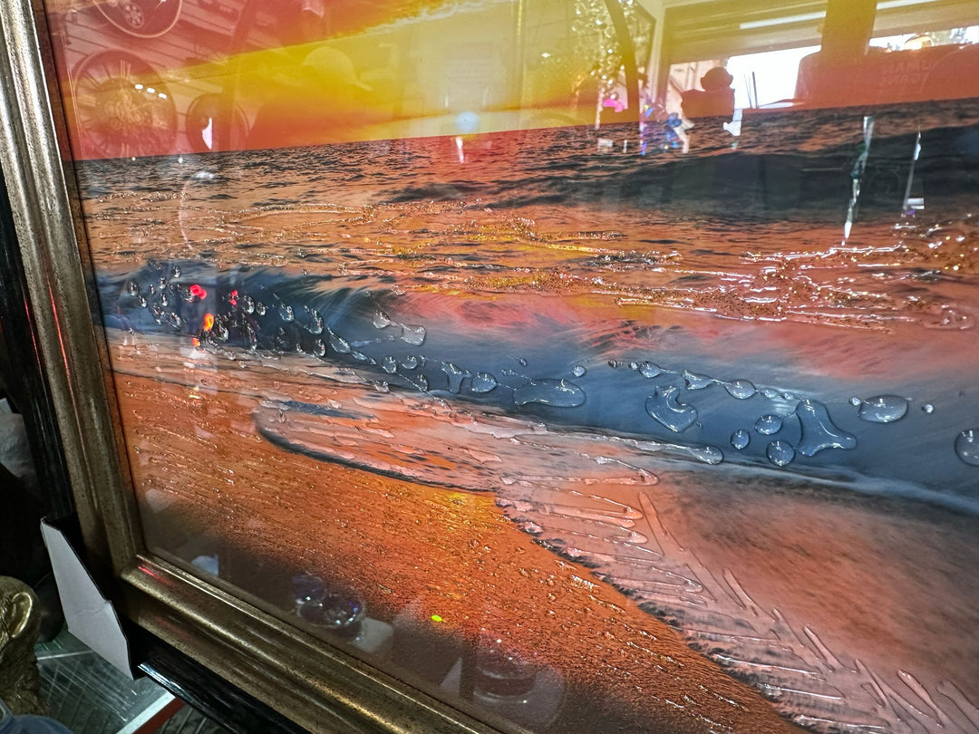 Stunning Beach Waves Sunset Wall Art – Luxury Liquid Art Resin Picture with Black & Gold Frame Home Decor