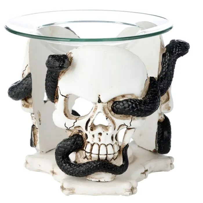 Skull & Serpent Resin Oil & Wax Burner with Glass Dish – Gothic Aromatherapy Home Decor