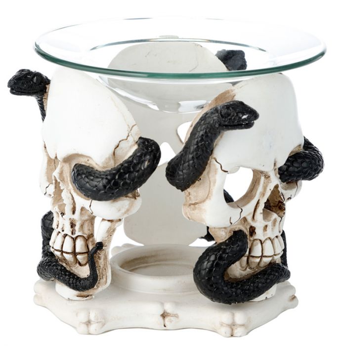 Skull & Serpent Resin Oil & Wax Burner with Glass Dish – Gothic Aromatherapy Home Decor