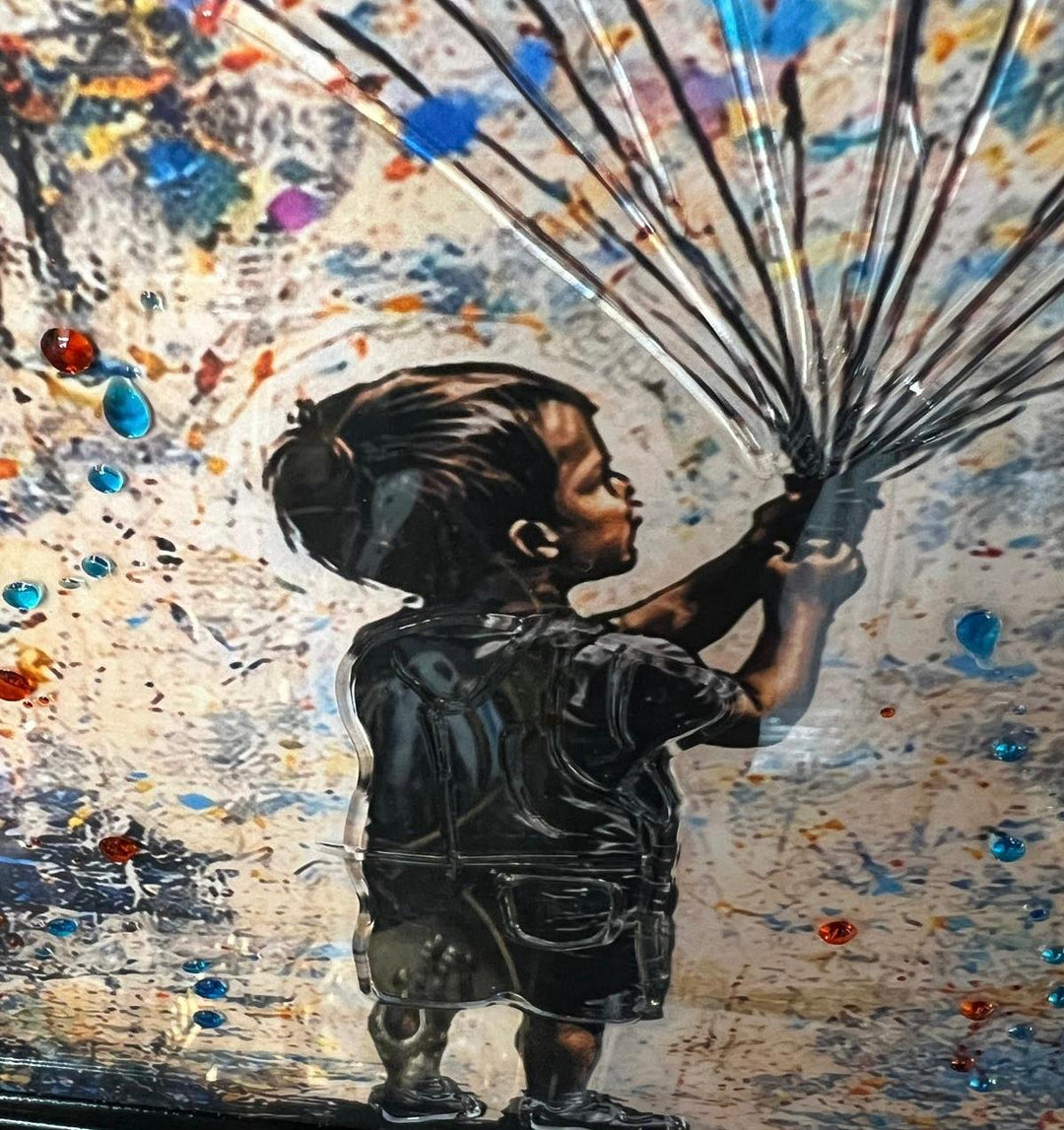 Banksy boy and girl holding colourful balloons black frame picture