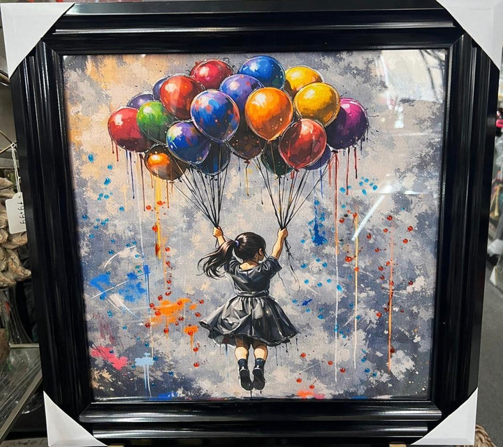 Banksy boy and girl holding colourful balloons black frame picture