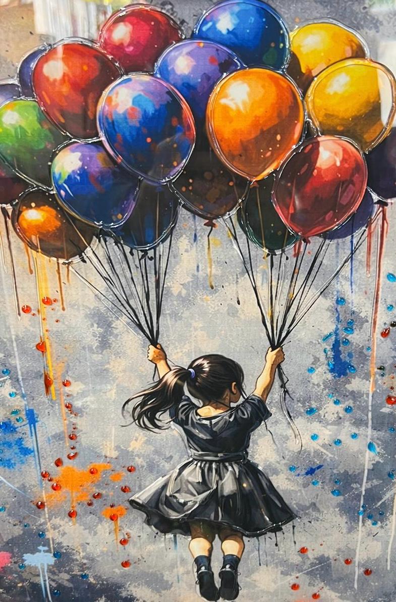 Banksy boy and girl holding colourful balloons black frame picture