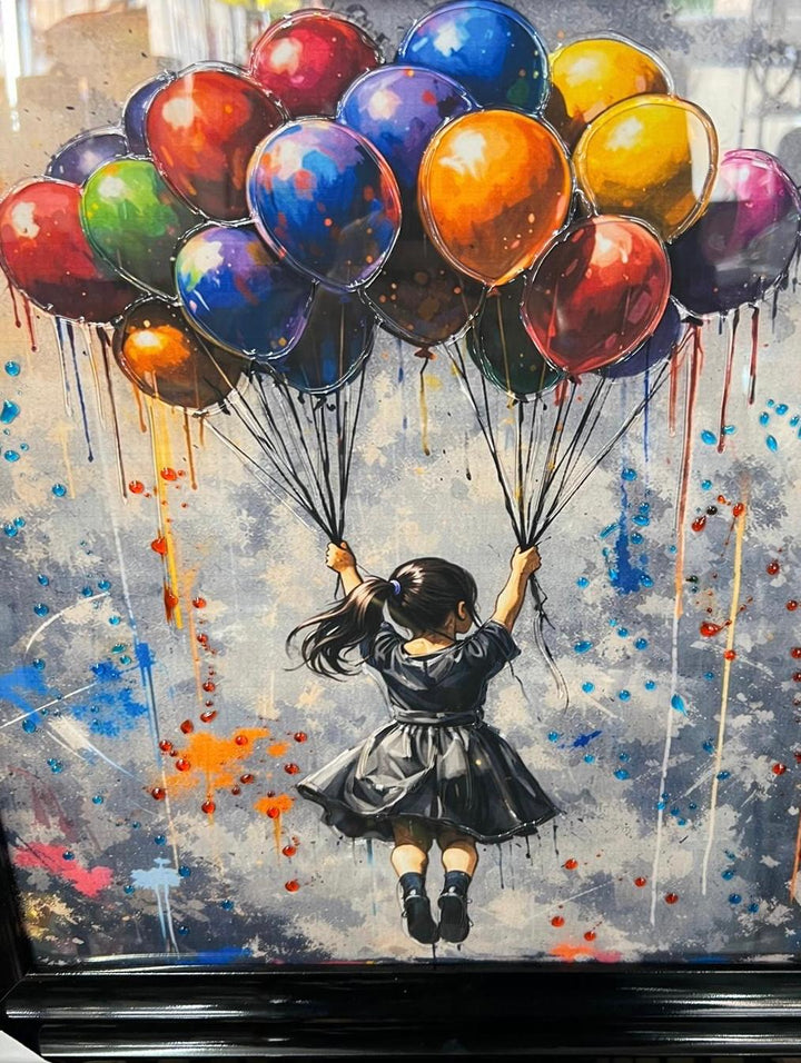 Banksy boy and girl holding colourful balloons black frame picture