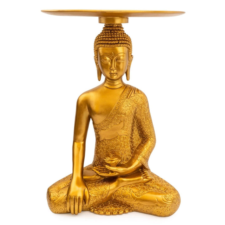 Buddha Side Table – Decorative Resin Accent Table with Glass Top | Black & Gold Luxury Home Décor