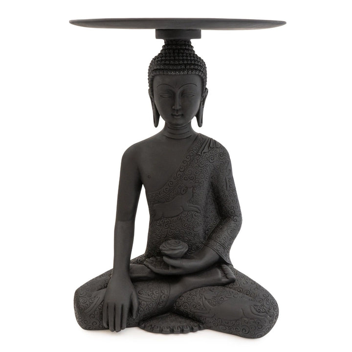 Buddha Side Table – Decorative Resin Accent Table with Glass Top | Black & Gold Luxury Home Décor