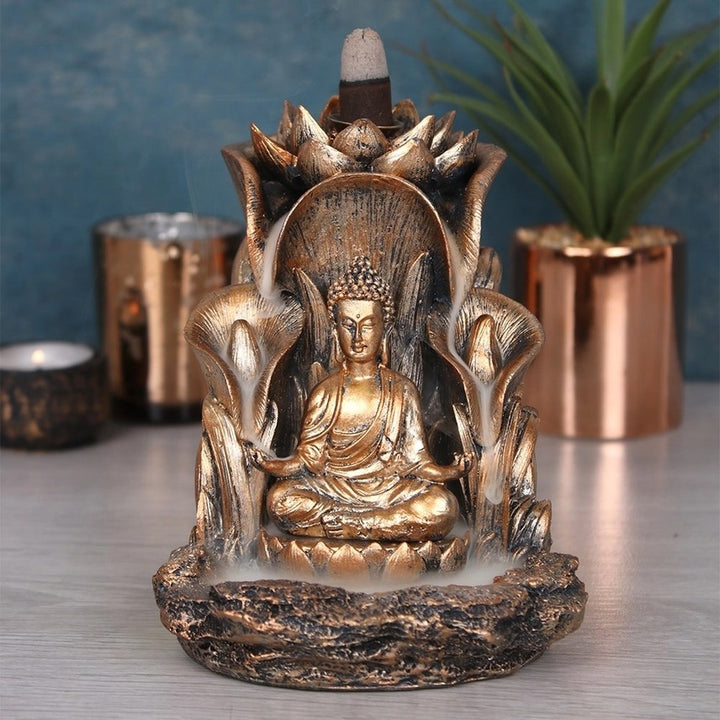 Bronze Buddha Backflow Incense Burner with Lotus Leaf Design – Spiritual Zen Home Décor & Relaxation Ornament