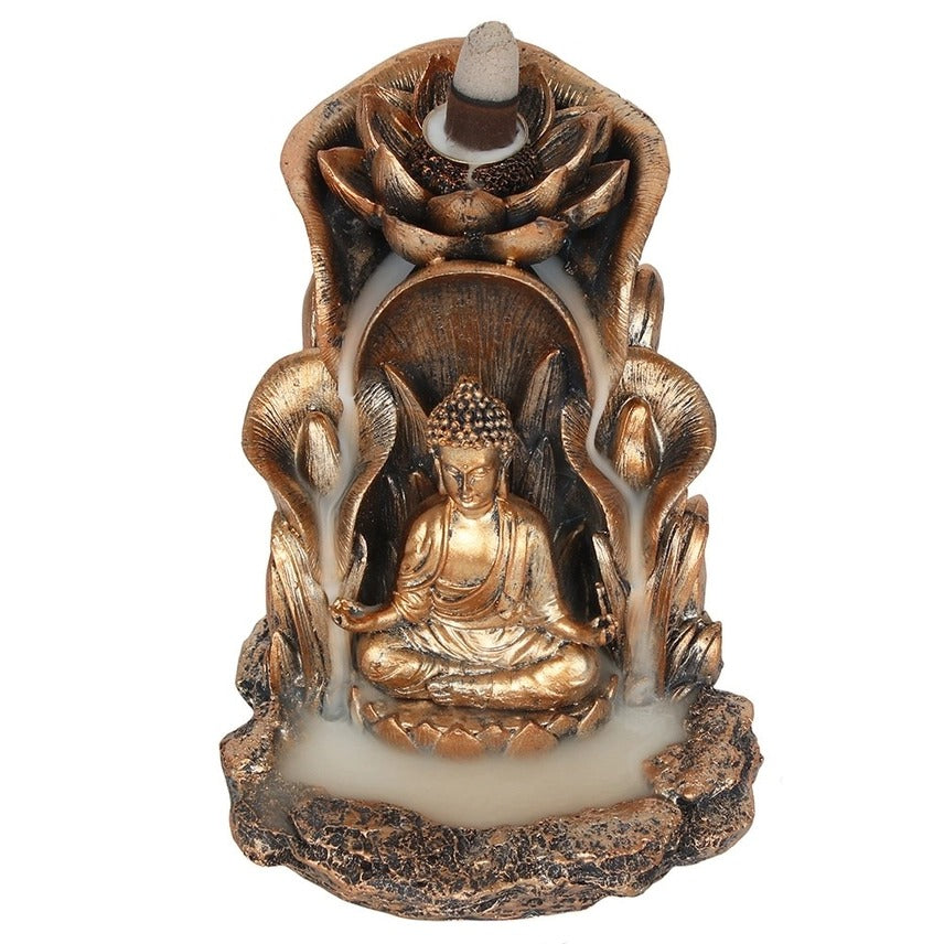 Bronze Buddha Backflow Incense Burner with Lotus Leaf Design – Spiritual Zen Home Décor & Relaxation Ornament
