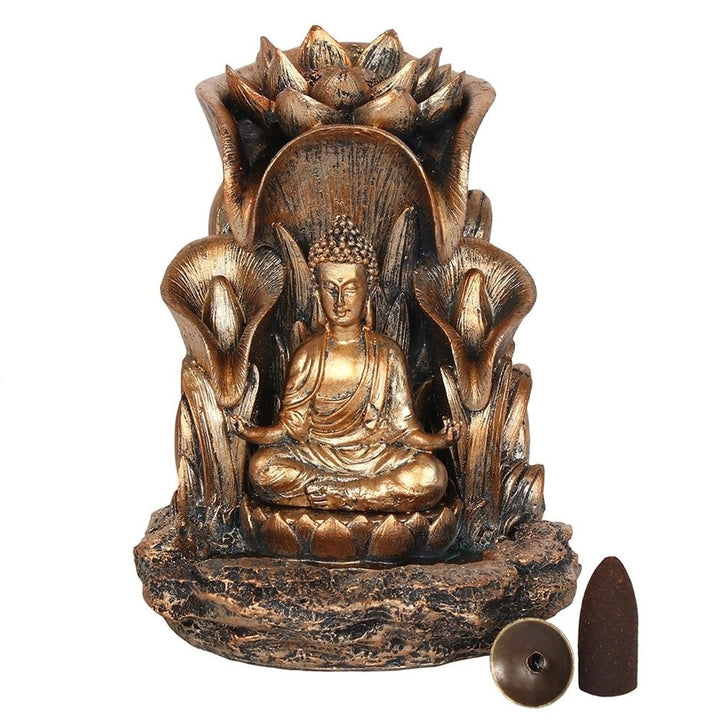 Bronze Buddha Backflow Incense Burner with Lotus Leaf Design – Spiritual Zen Home Décor & Relaxation Ornament