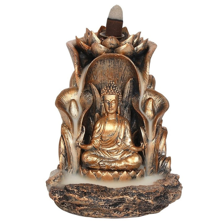 Bronze Buddha Backflow Incense Burner with Lotus Leaf Design – Spiritual Zen Home Décor & Relaxation Ornament