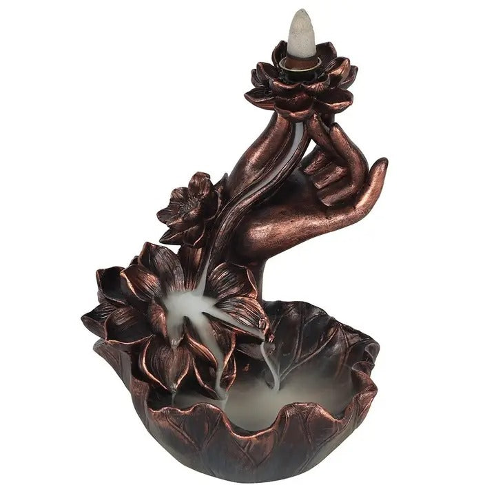 Bronze Buddha & Hand with Lotus Flower Backflow Incense Burner – Spiritual Meditation Home Décor Ornament