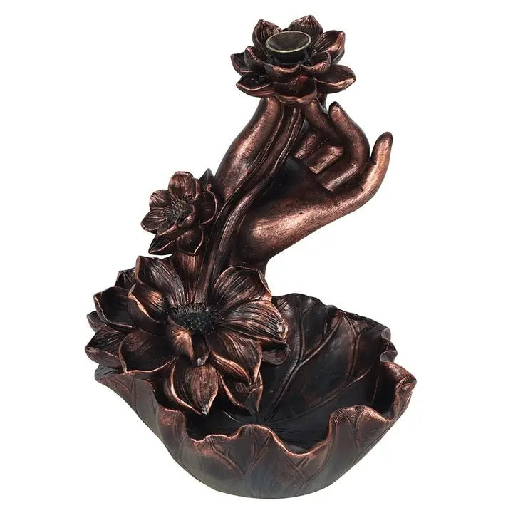Bronze Buddha & Hand with Lotus Flower Backflow Incense Burner – Spiritual Meditation Home Décor Ornament