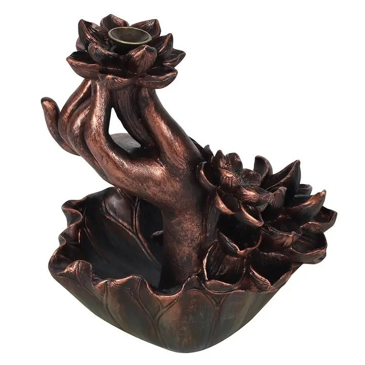 Bronze Buddha & Hand with Lotus Flower Backflow Incense Burner – Spiritual Meditation Home Décor Ornament