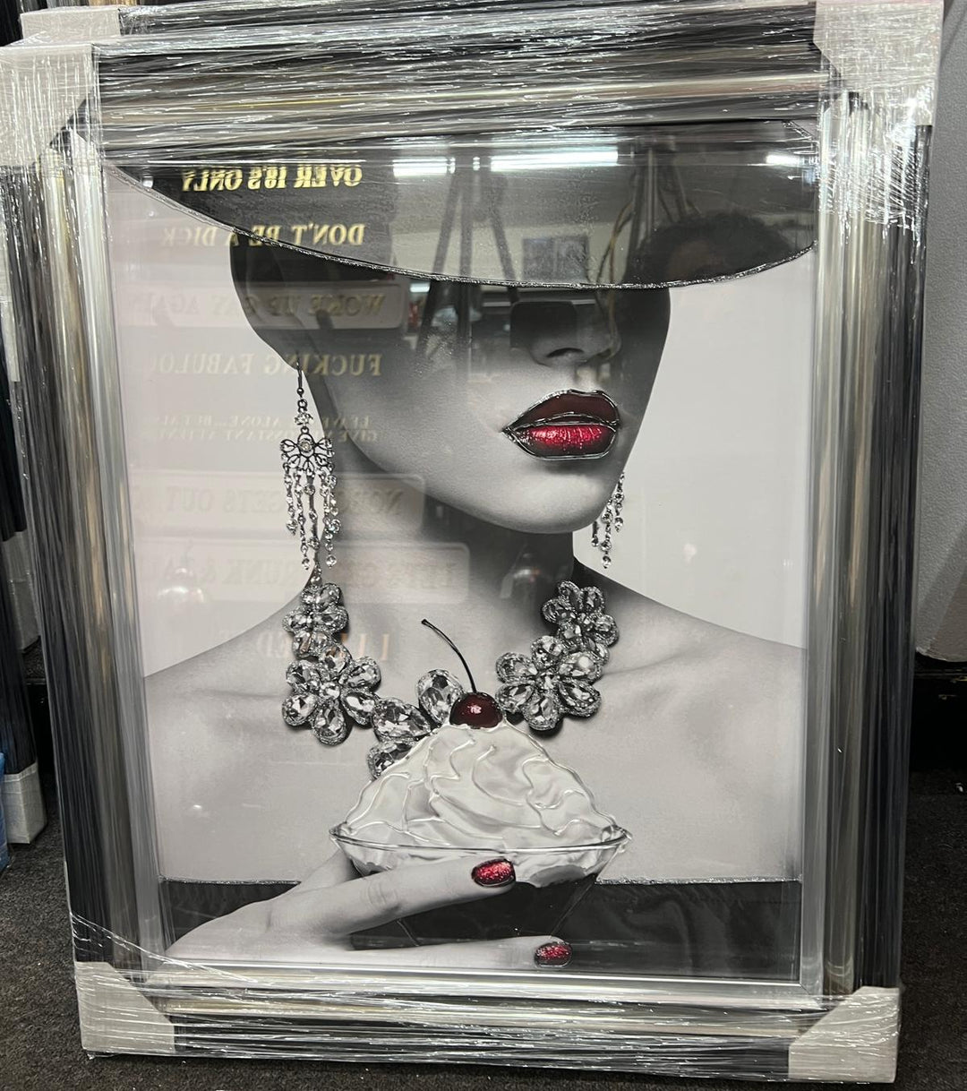 Stunning Lady with Red Lips in Hat Eating Ice Cream – Black & Silver Two-Tone Frame with Liquid Art Resin