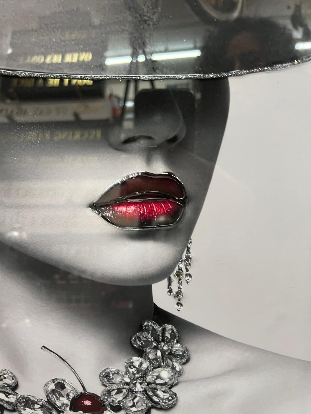 Stunning Lady with Red Lips in Hat Eating Ice Cream – Black & Silver Two-Tone Frame with Liquid Art Resin
