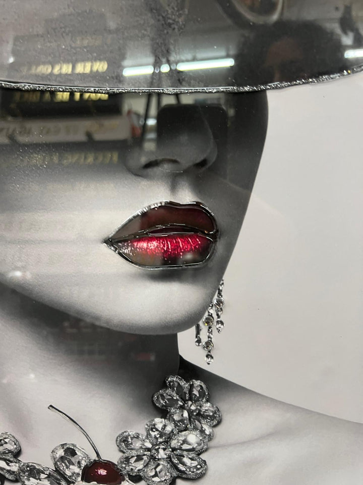 Stunning Lady with Red Lips in Hat Eating Ice Cream – Black & Silver Two-Tone Frame with Liquid Art Resin