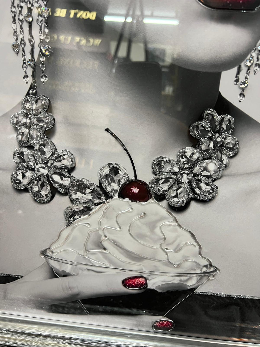 Stunning Lady with Red Lips in Hat Eating Ice Cream – Black & Silver Two-Tone Frame with Liquid Art Resin
