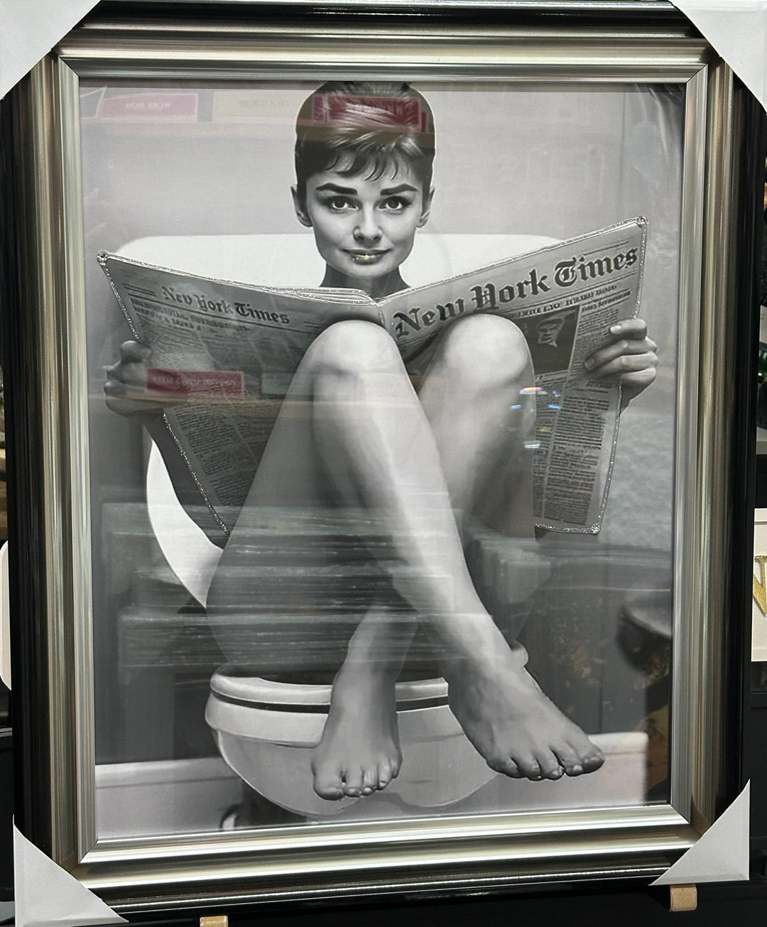 Audrey Hepburn Funny Bathroom Wall Art Canvas Print | Reading Newspaper & Holding Toilet Roll | Black and White Bathroom Decor