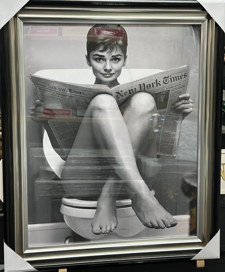 Audrey Hepburn Funny Bathroom Wall Art Canvas Print | Reading Newspaper & Holding Toilet Roll | Black and White Bathroom Decor