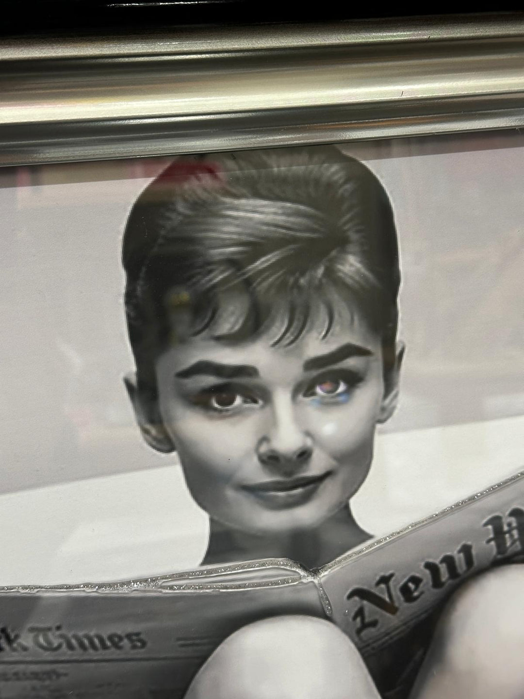 Audrey Hepburn Funny Bathroom Wall Art Canvas Print | Reading Newspaper & Holding Toilet Roll | Black and White Bathroom Decor