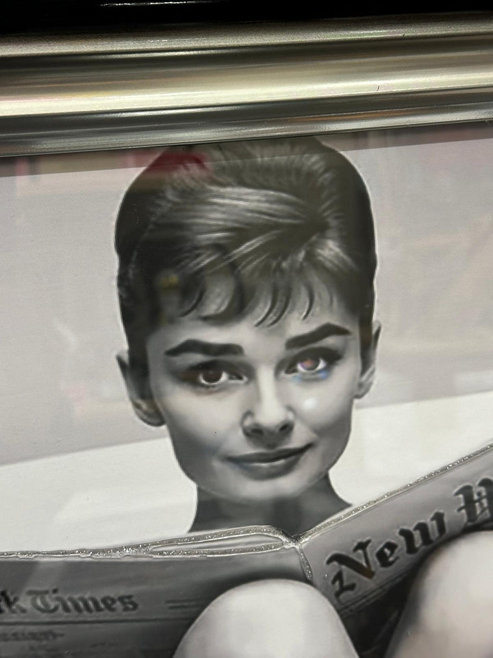 Audrey Hepburn Funny Bathroom Wall Art Canvas Print | Reading Newspaper & Holding Toilet Roll | Black and White Bathroom Decor