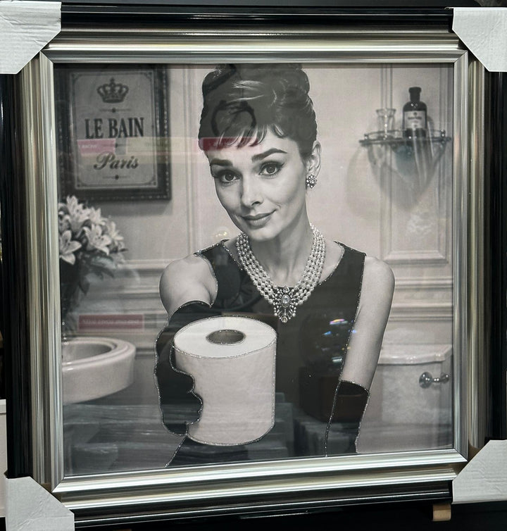 Audrey Hepburn Funny Bathroom Wall Art Canvas Print | Reading Newspaper & Holding Toilet Roll | Black and White Bathroom Decor
