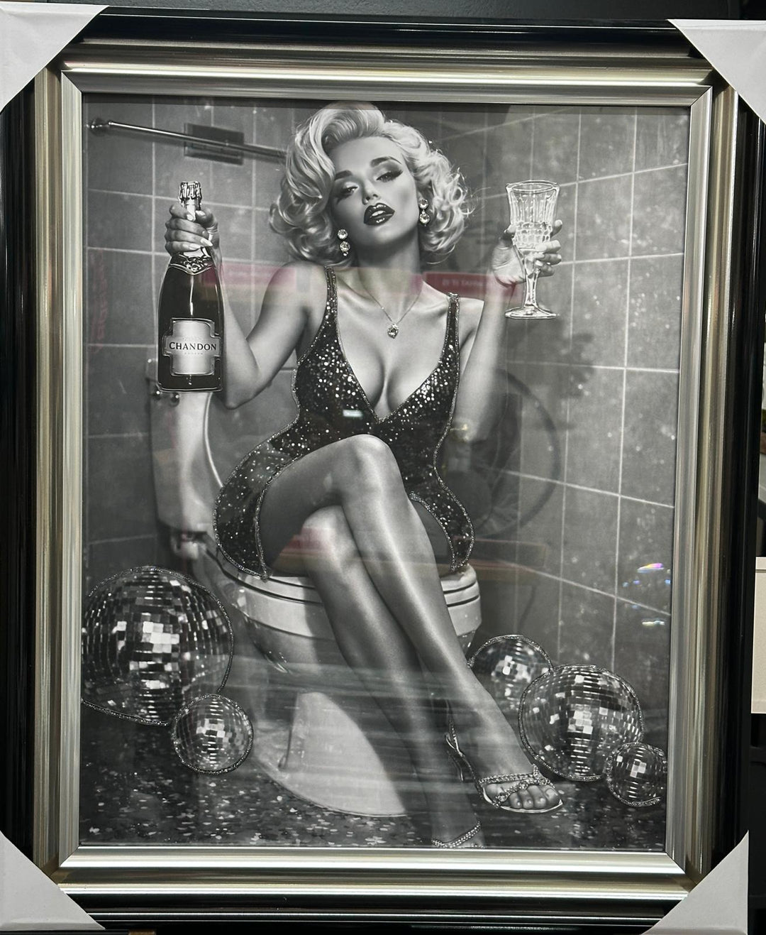 Marilyn Monroe Black & White Bathroom Wall Art | Champagne, Glitter Dress & Toilet Canvas | Liquid Art Resin Wall Decor
