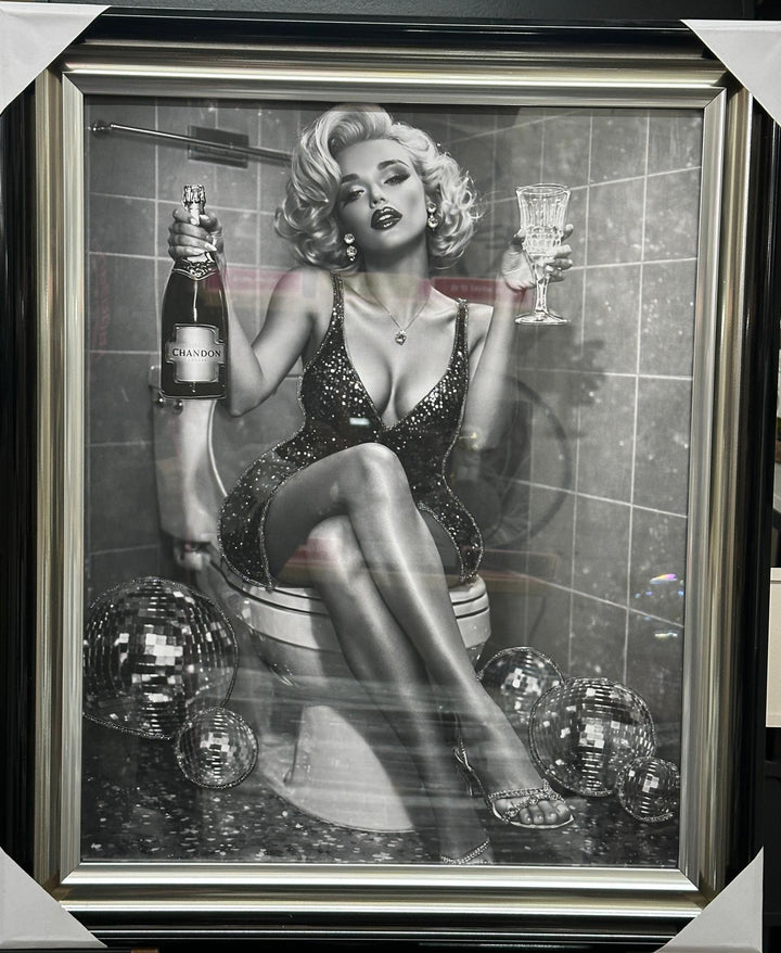 Marilyn Monroe Black & White Bathroom Wall Art | Champagne, Glitter Dress & Toilet Canvas | Liquid Art Resin Wall Decor