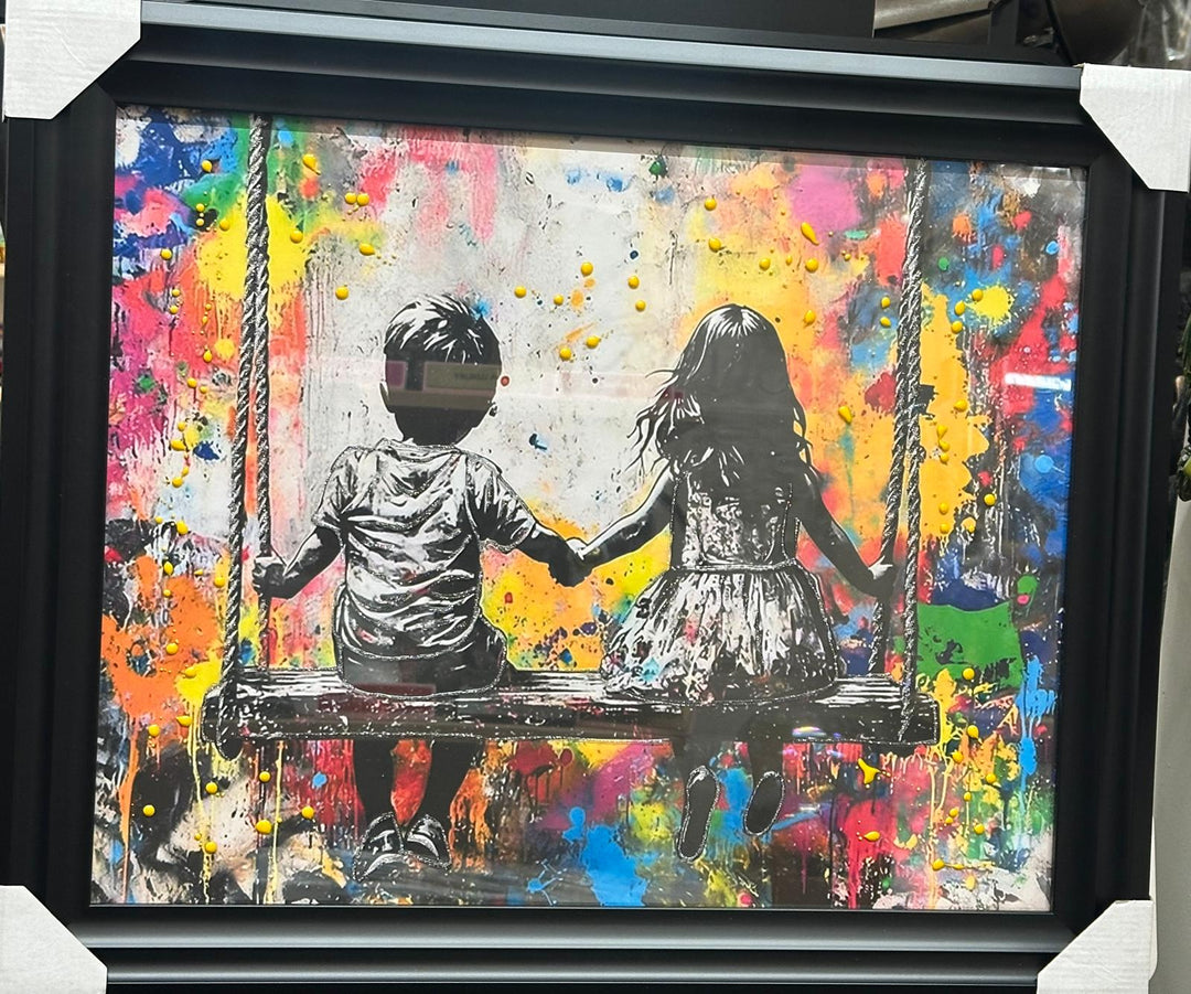 Banksy Brother & Sister Holding Hands on Swing Wall Art | Coloured Liquid Resin Street Art with Black Frame