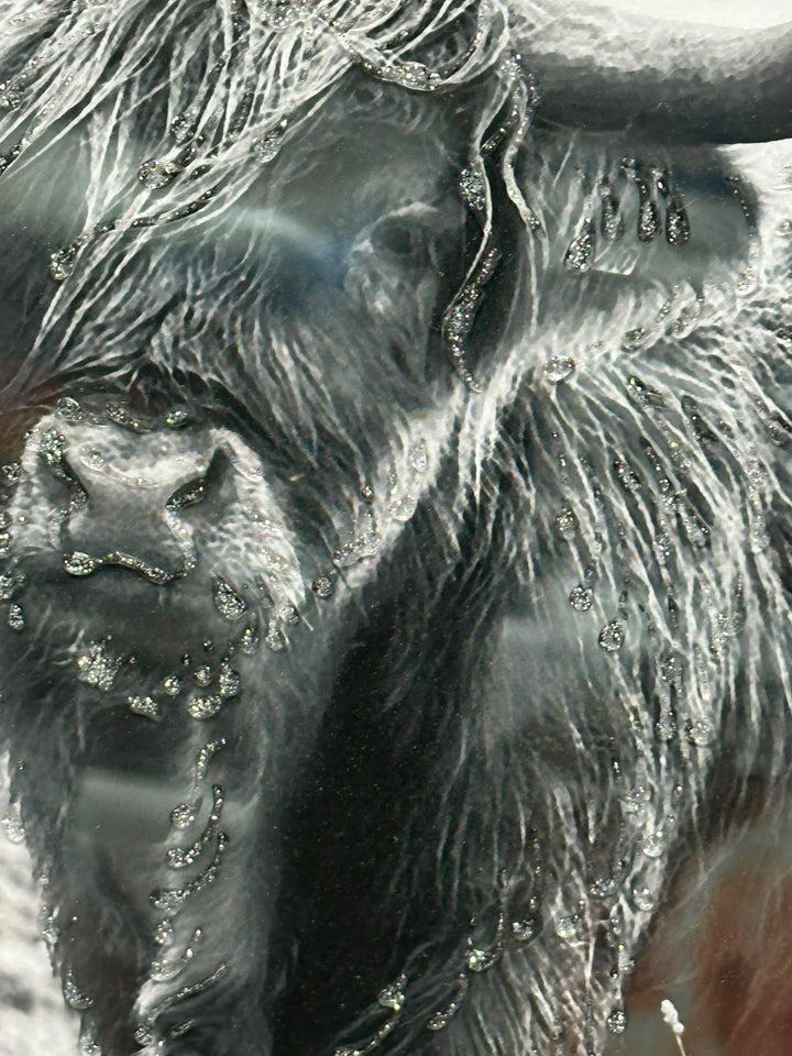Black & White Highland Cow Wall Art with Two-Tone Frame | Liquid Art Resin Framed Picture