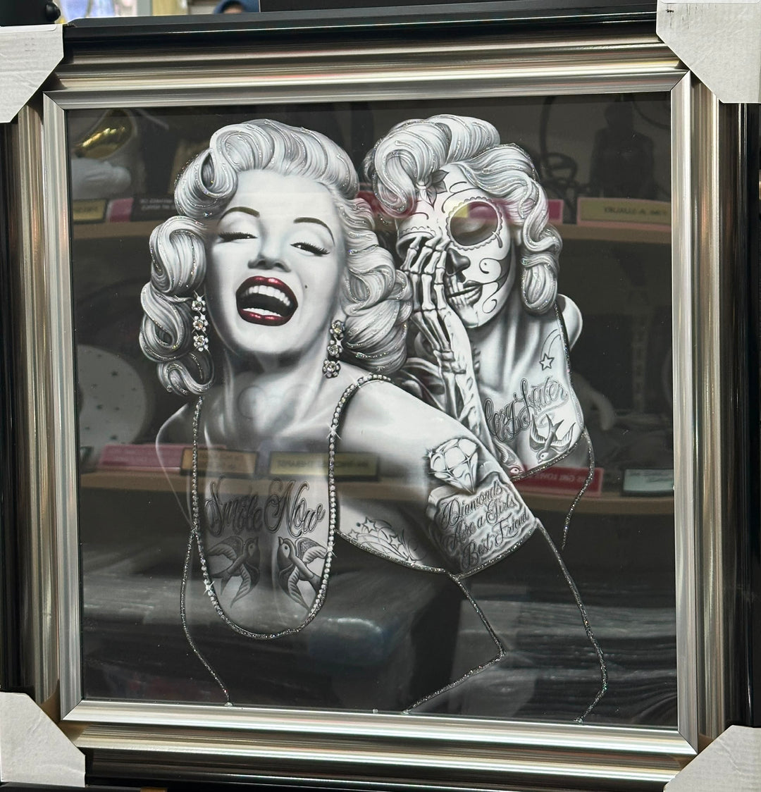 Marilyn Monroe Skeleton Reflection Wall Art with Tattoos | Liquid Art Resin Framed Picture with Two-Tone Frame