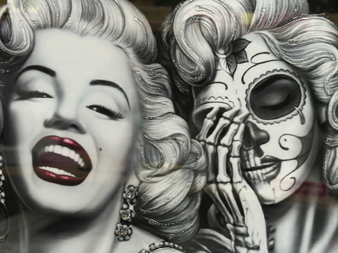 Marilyn Monroe Skeleton Reflection Wall Art with Tattoos | Liquid Art Resin Framed Picture with Two-Tone Frame