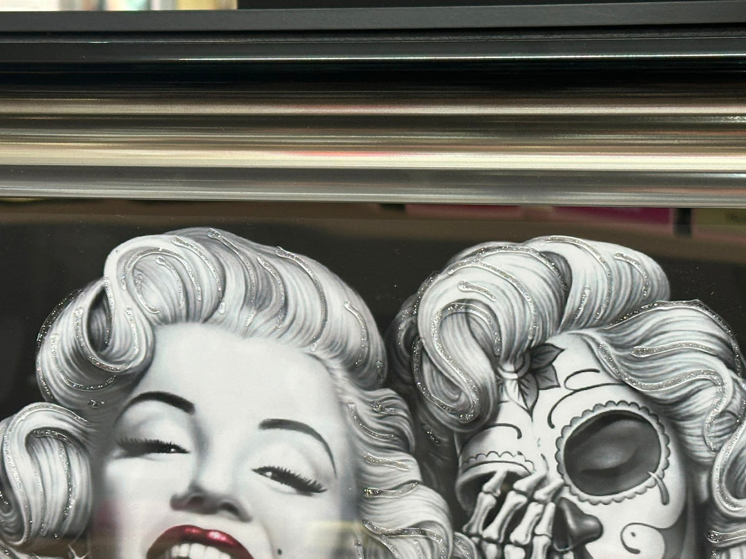 Marilyn Monroe Skeleton Reflection Wall Art with Tattoos | Liquid Art Resin Framed Picture with Two-Tone Frame