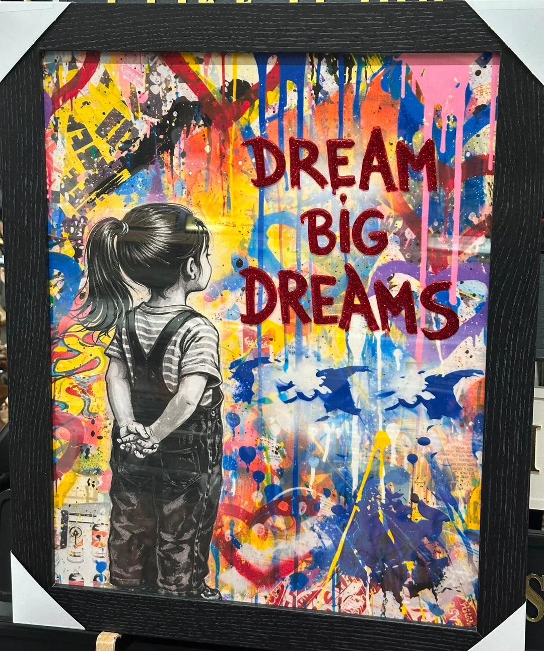 Dream Big Dreams Girl Wall Art with 3D Liquid Art Resin & Black Frame | Contemporary Framed Artwork