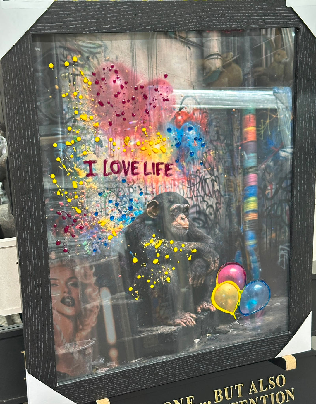 Monkey "I Love Life" Wall Art with 3D Liquid Art Resin & Black Frame | Contemporary Framed Artwork