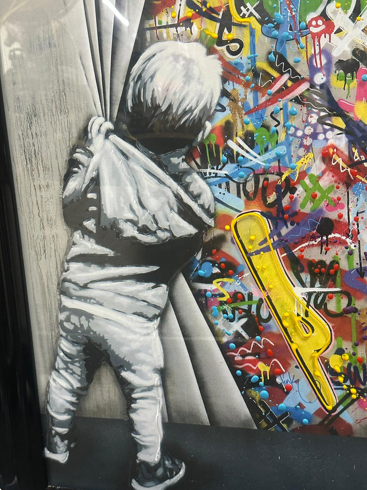 Boy Pulling Curtain Graffiti Wall Art | Black Framed Contemporary Street Art Picture