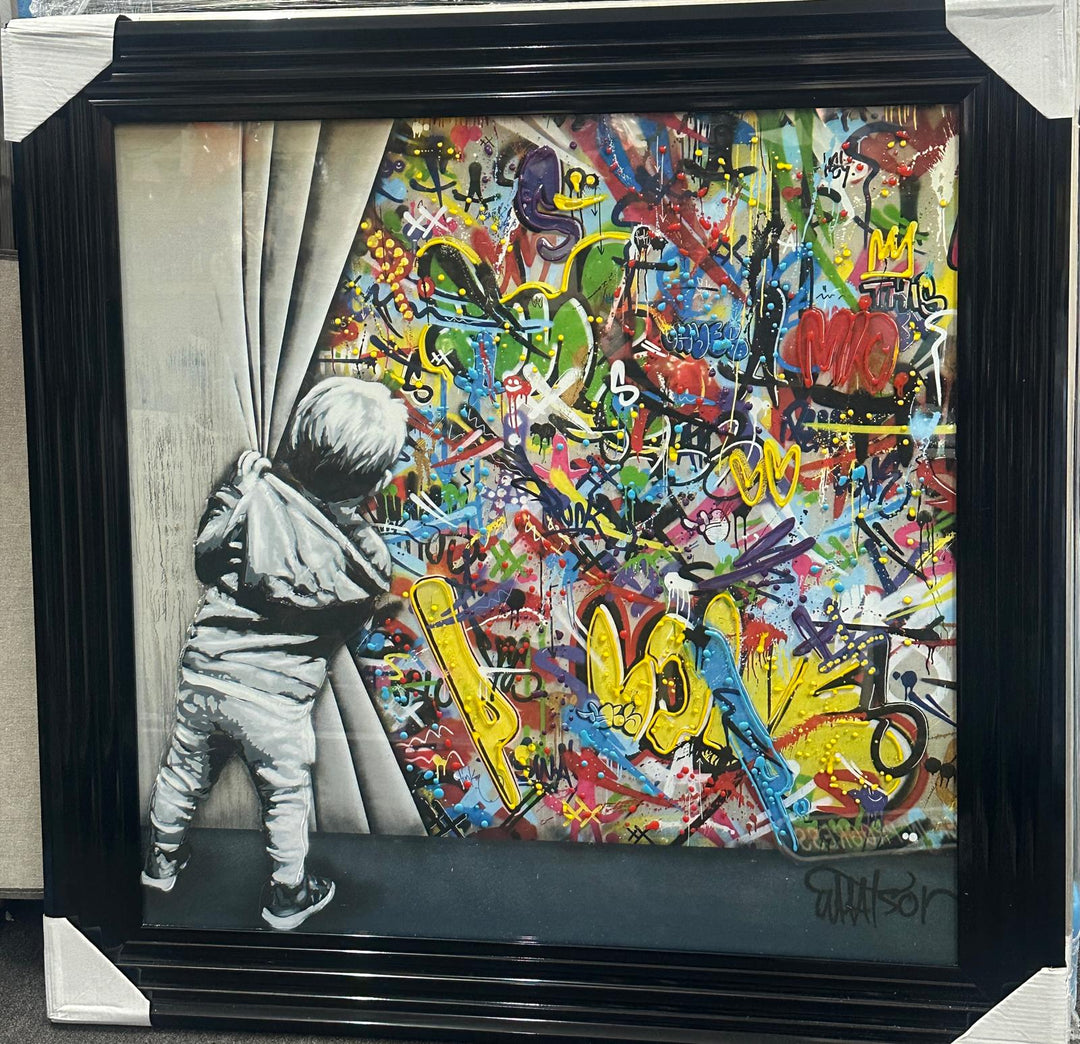 Boy Pulling Curtain Graffiti Wall Art | Black Framed Contemporary Street Art Picture