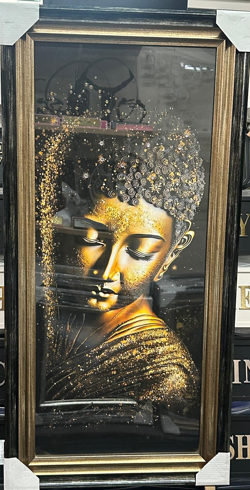 Buddha Liquid Art Resin Wall Pictures with Crystals | Luxury Black & Gold Framed Wall Art