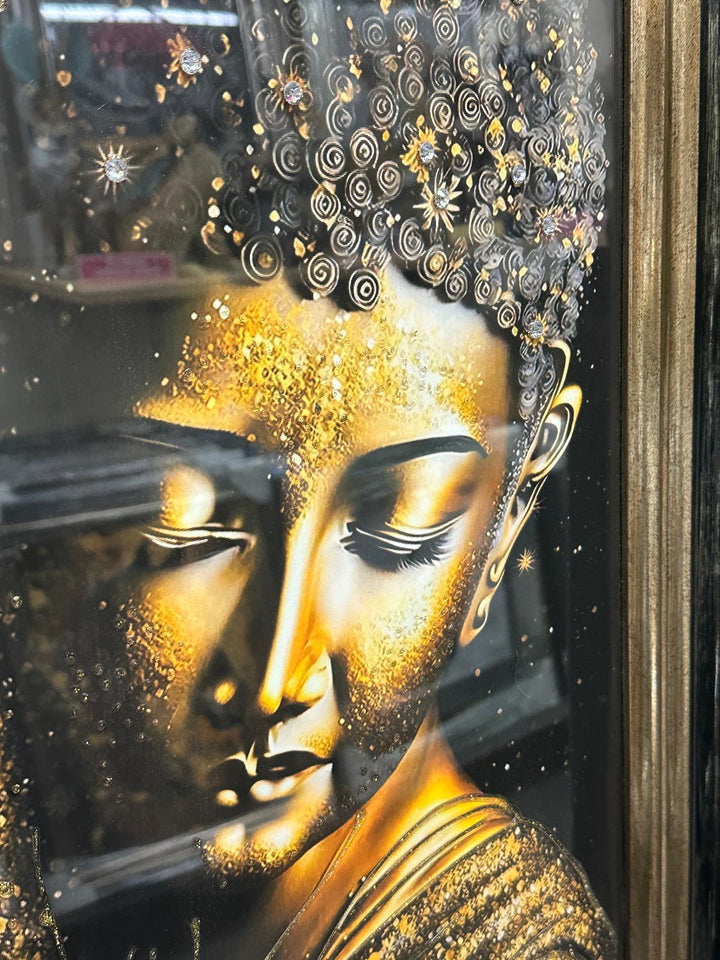 Buddha Liquid Art Resin Wall Pictures with Crystals | Luxury Black & Gold Framed Wall Art
