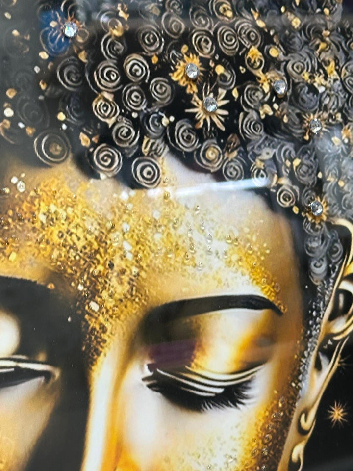 Buddha Liquid Art Resin Wall Pictures with Crystals | Luxury Black & Gold Framed Wall Art