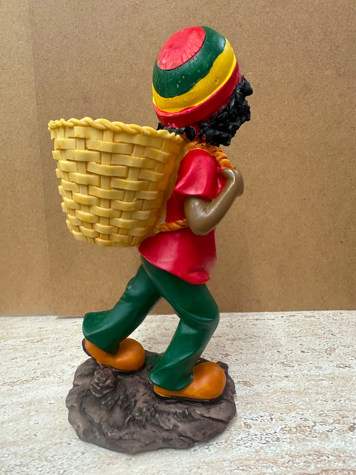 Rasta Man with Basket Ornament | Hand-Painted Resin Caribbean Home Décor Figurine