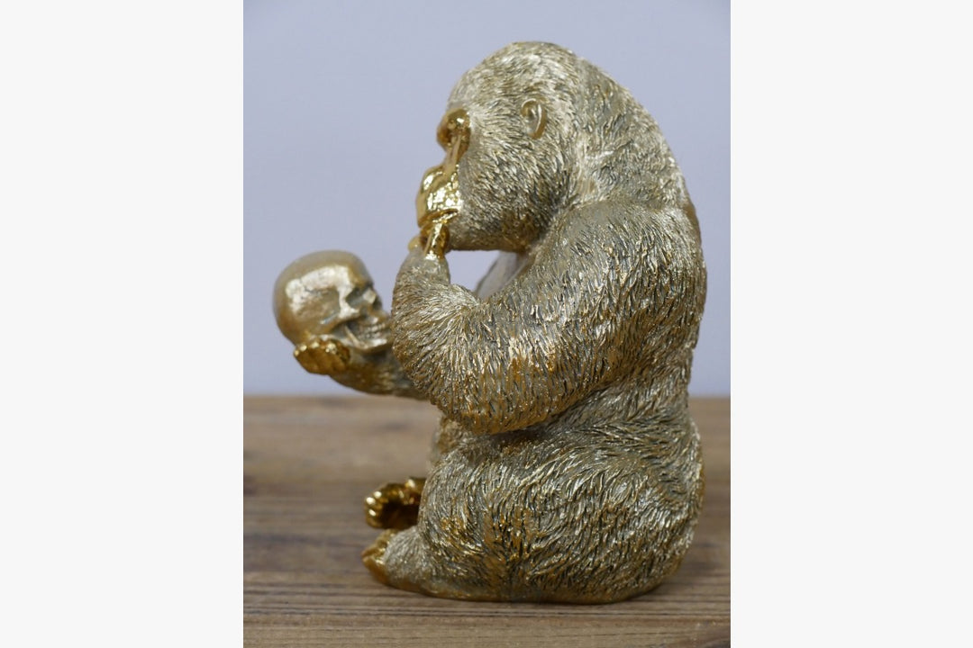 Thinking Gorilla with Gold Skull Resin Ornament | Luxury Contemporary Gorilla Sculpture