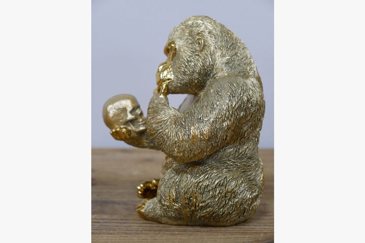 Thinking Gorilla with Gold Skull Resin Ornament | Luxury Contemporary Gorilla Sculpture