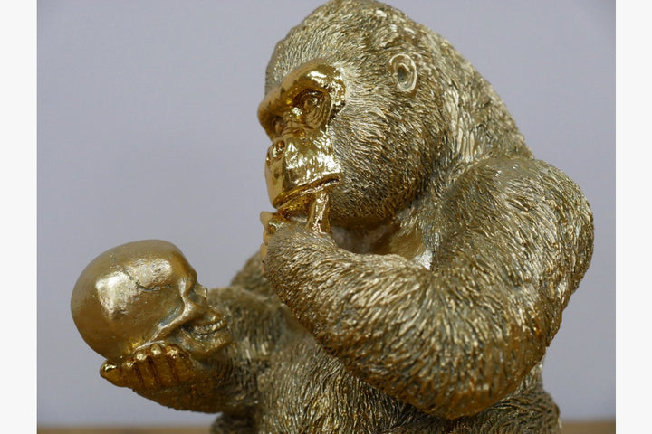 Thinking Gorilla with Gold Skull Resin Ornament | Luxury Contemporary Gorilla Sculpture
