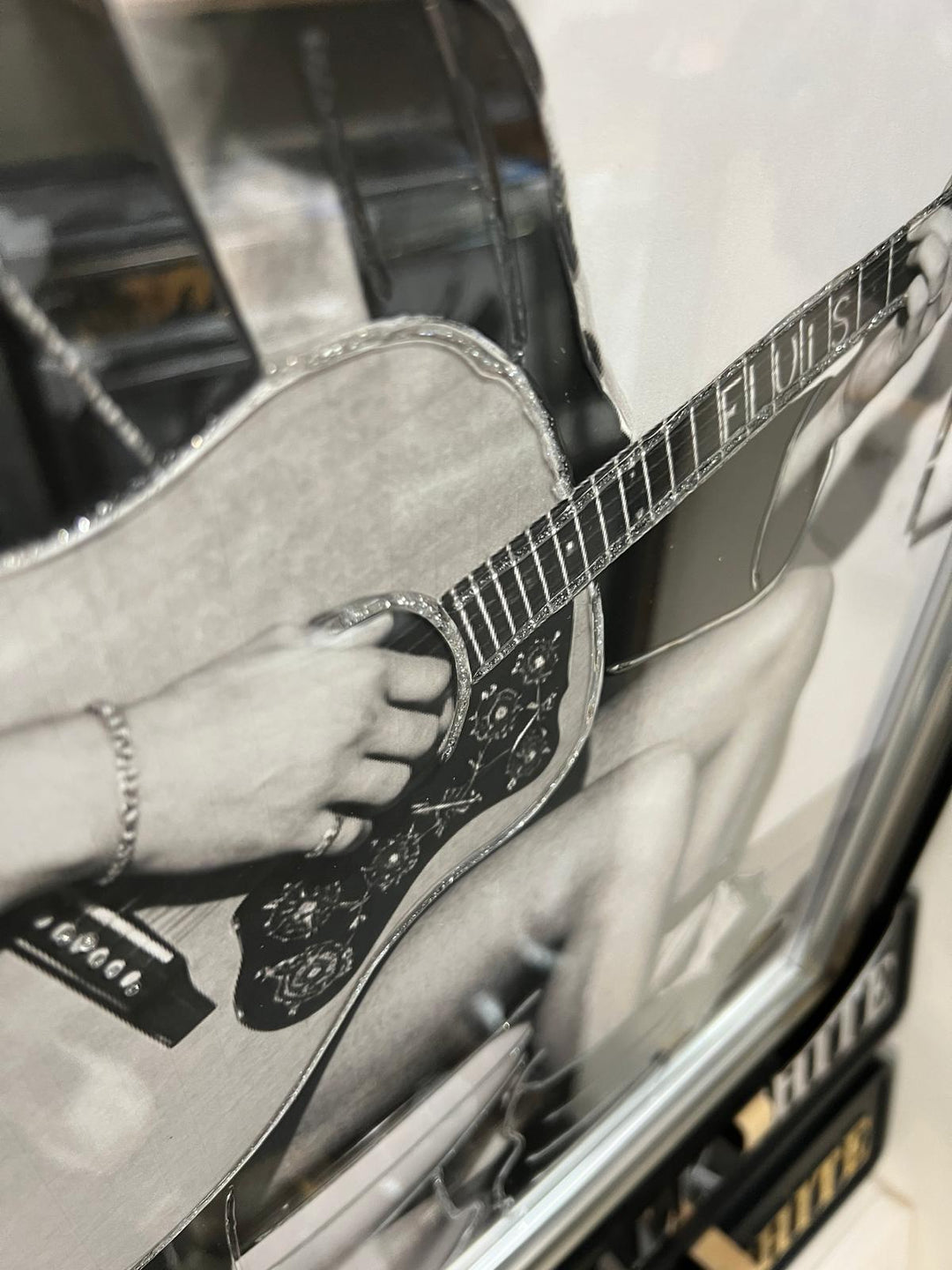 Elvis presley picture sitting on the toilet playing guitar black and white wall art with liquid art resin two tone frame